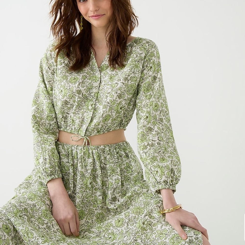 NWT SET of J. Crew Long Sleeve Linen Cropped Top and Linen Skirt Set